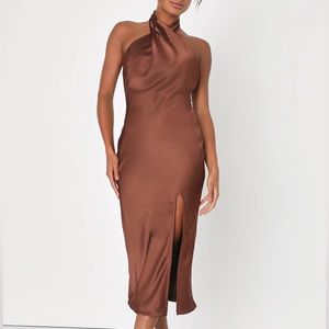Lulu’s “Beyond Classy” Brown Satin Halter Midi Dress